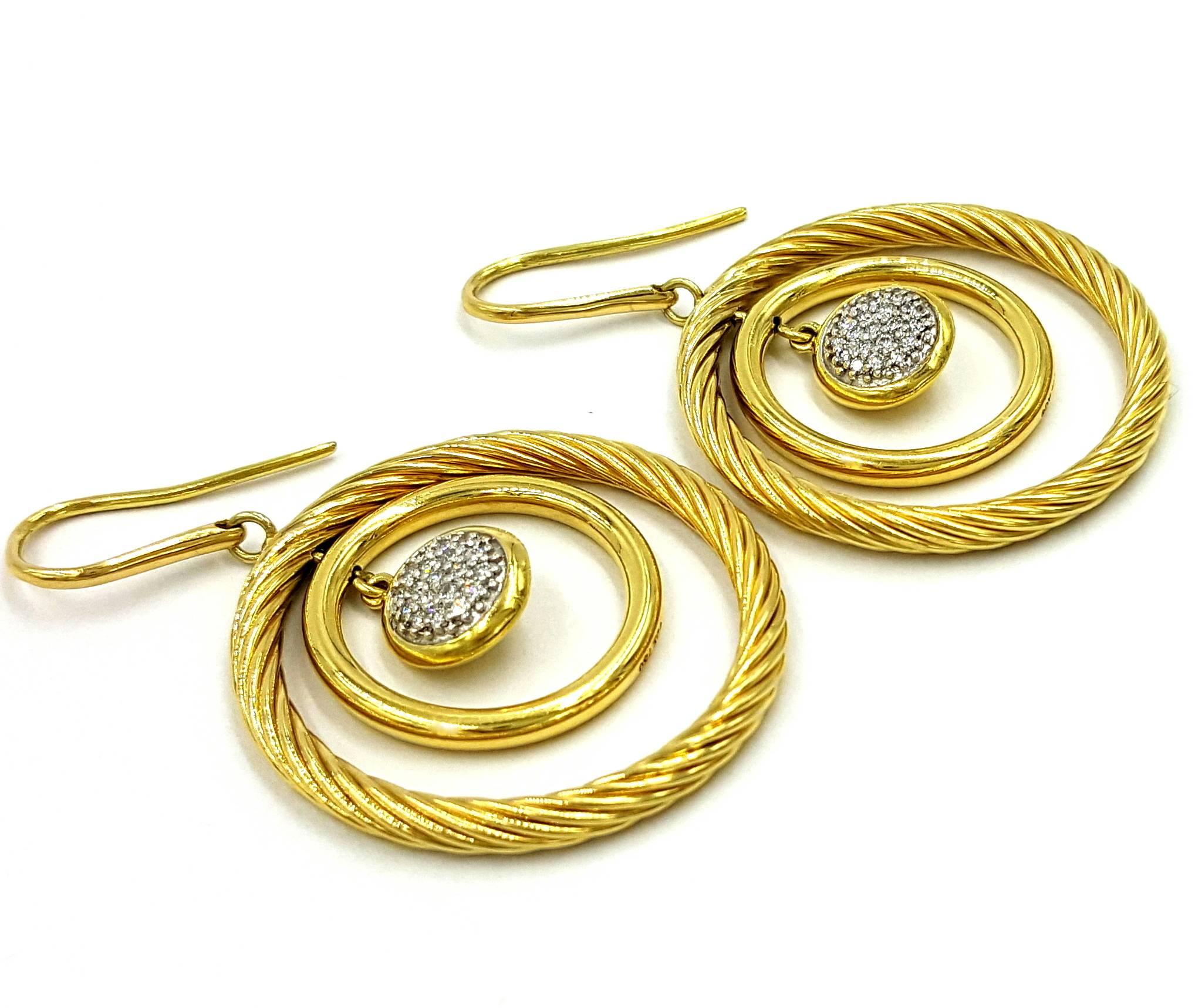 David Yurman Spectacular Spiral Double Hoop Orbiting 18k Diamond Ear Dangles In New Condition For Sale In Scottsdale, AZ