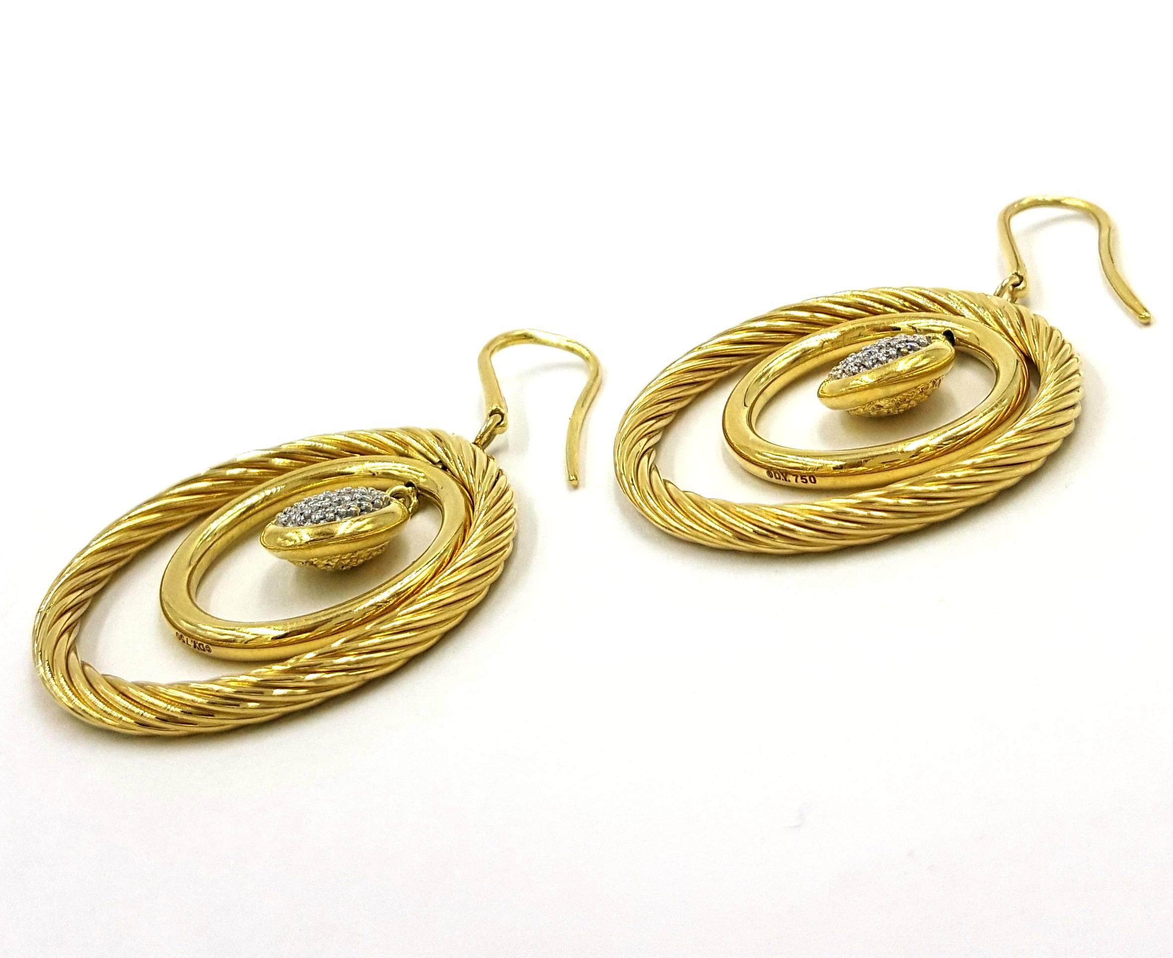 David Yurman Spectacular Spiral Double Hoop Orbiting 18k Diamond Ear Dangles For Sale 2