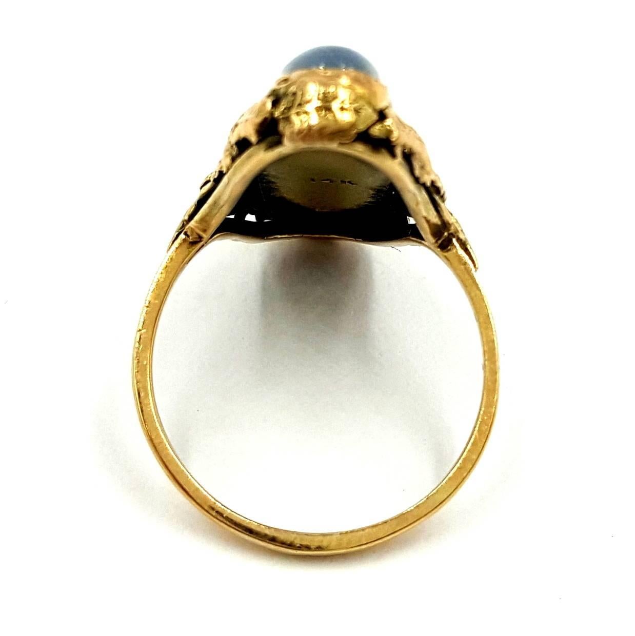 Circa 1894 to 1924 Arts and Crafts Gorgeous Vivid Blue Moon Stone 14kt Gold Ring For Sale 1