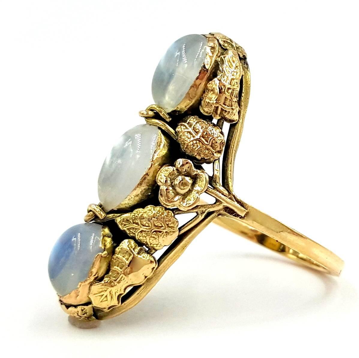 Here is some information on this absolutely stunning example of an Arts and Crafts Rare Moon Stone Ring.

Arts and Crafts jewelry (1894–1923)

http://www.gia.edu/images/12047_why_1355960841144.png
Due to the Industrial Revolution, many jewelry