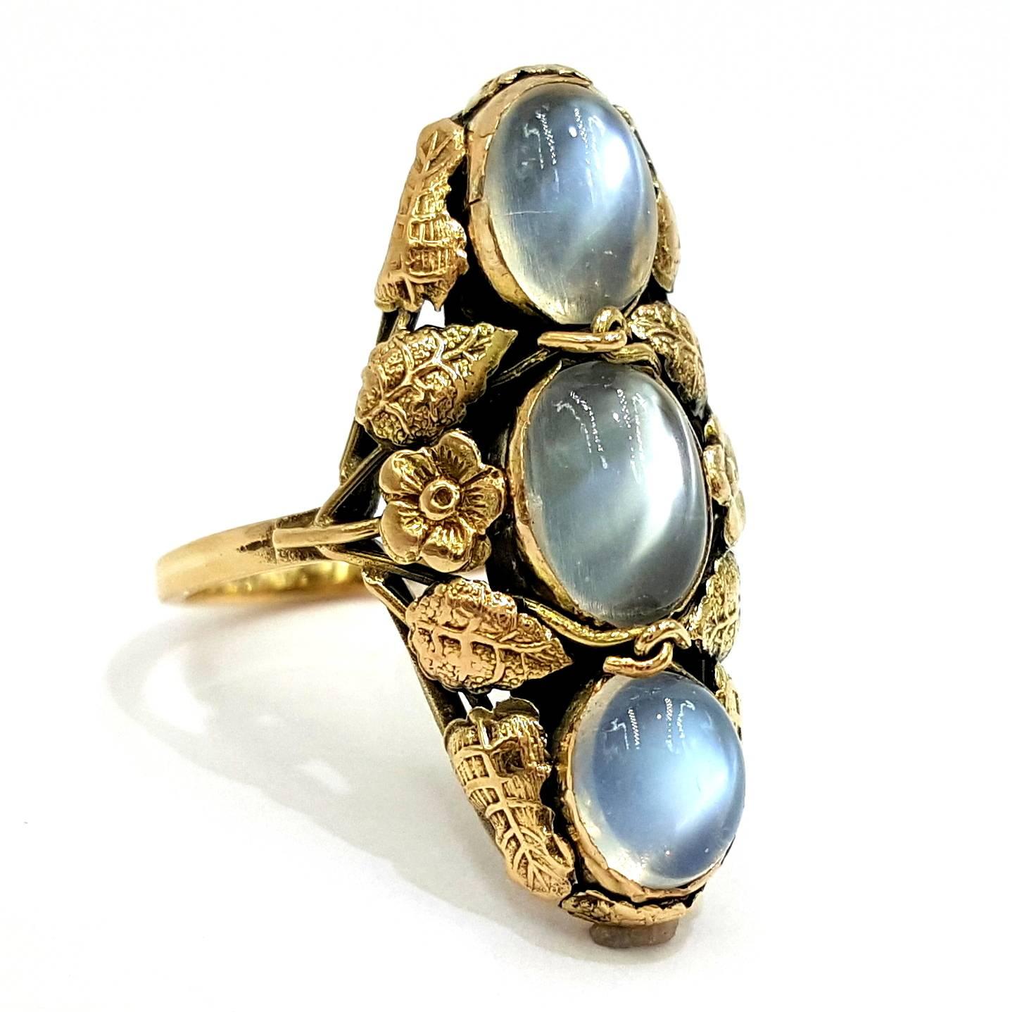 Women's Circa 1894 to 1924 Arts and Crafts Gorgeous Vivid Blue Moon Stone 14kt Gold Ring For Sale