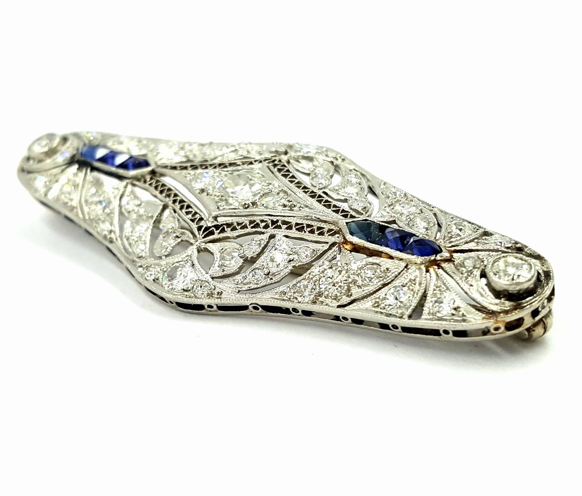 Women's Art Deco Diamond Sapphire Brooch  For Sale