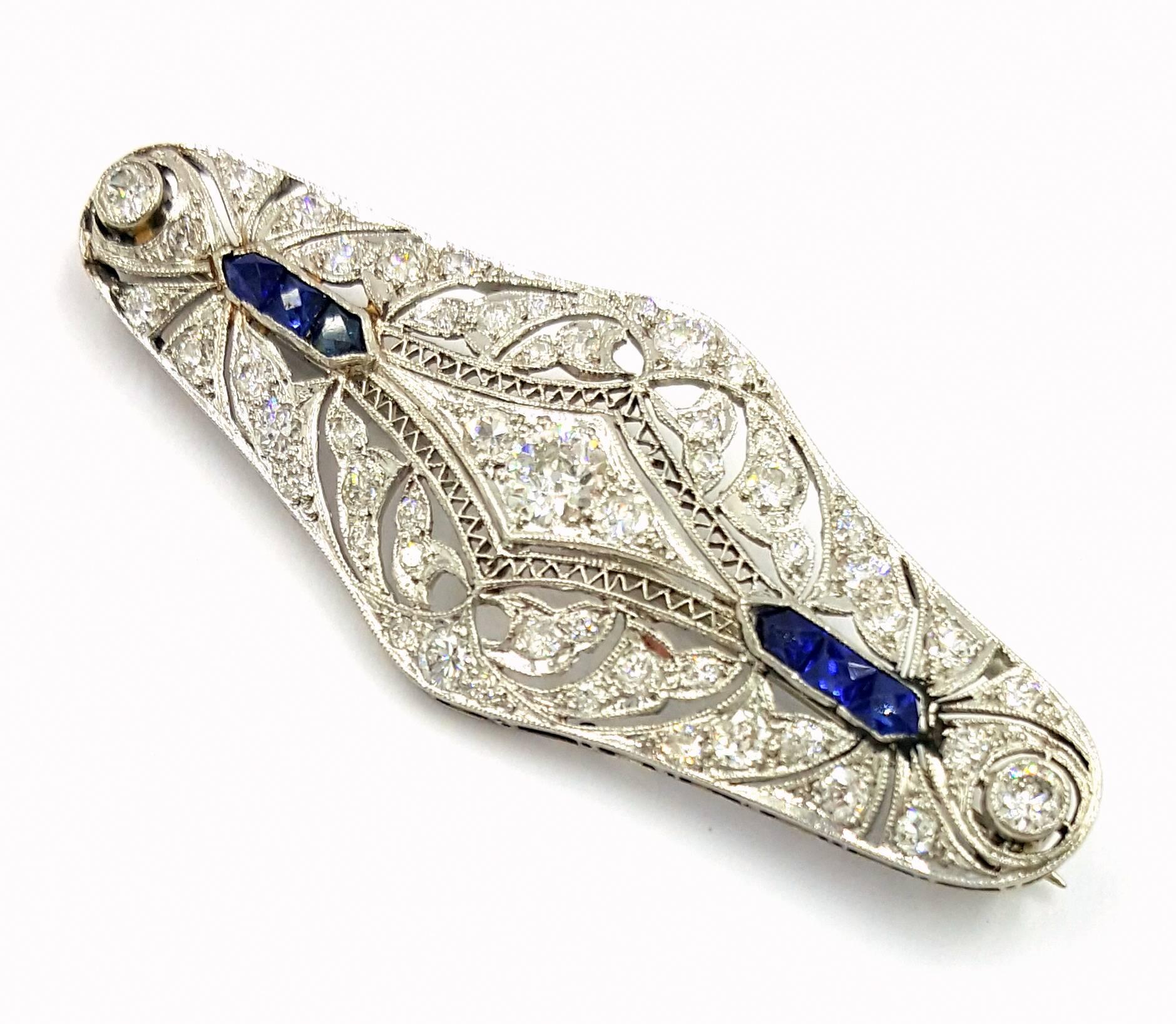 Art Deco Diamond Sapphire Brooch  For Sale 1