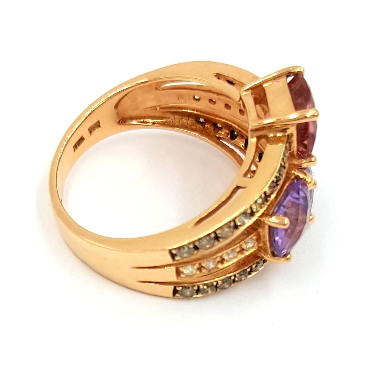 Signed LeVian 14kt Rose Gold 3.00ctw Amethyst .75 Carat of Diamond Cocktail Ring For Sale 2