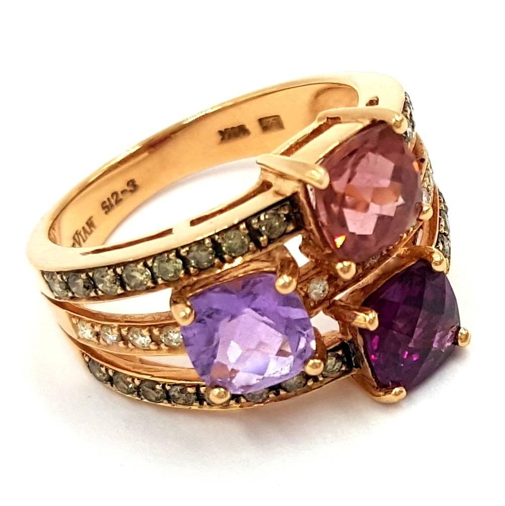 Contemporary Signed LeVian 14kt Rose Gold 3.00ctw Amethyst .75 Carat of Diamond Cocktail Ring For Sale