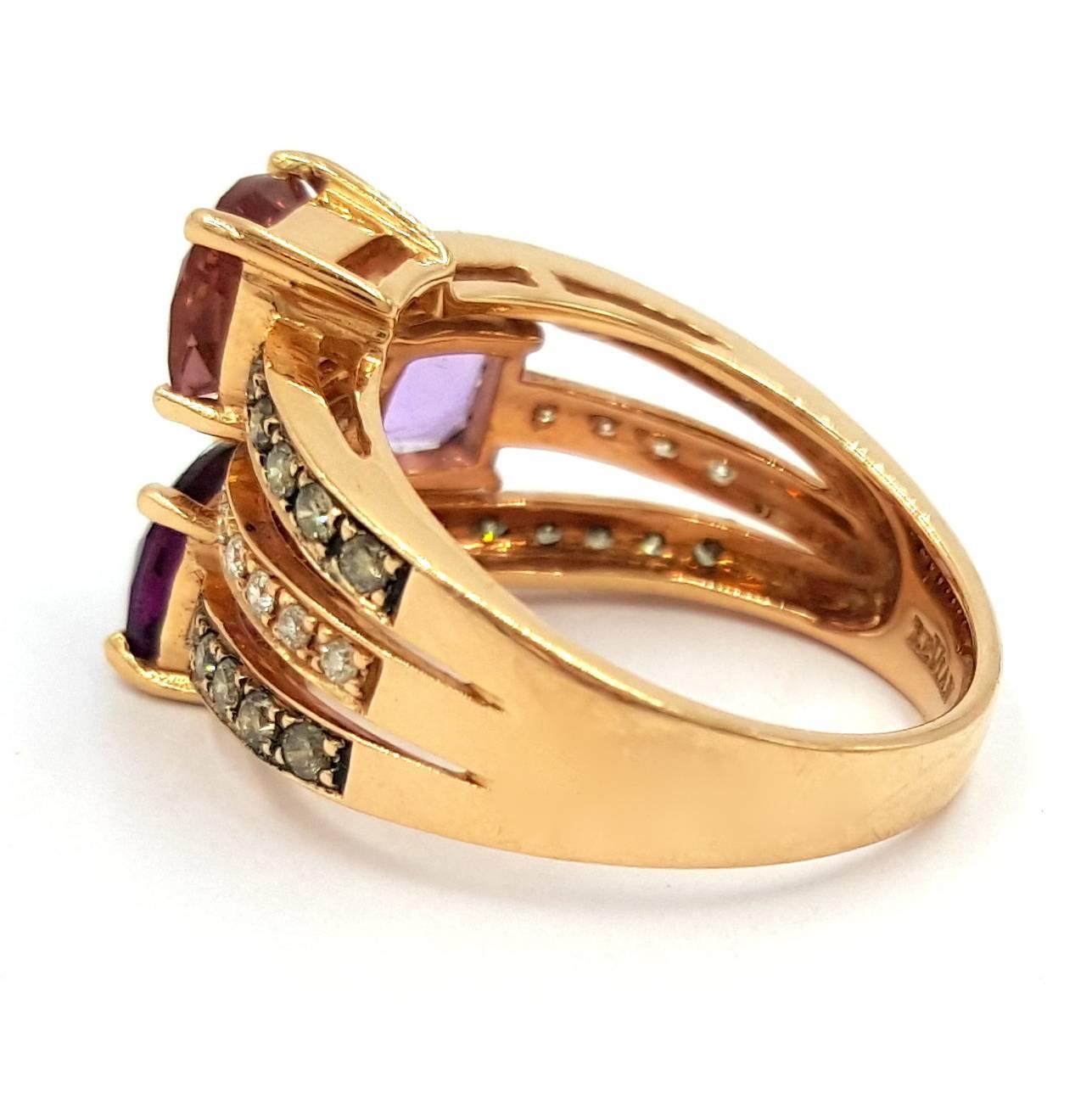 Women's Signed LeVian 14kt Rose Gold 3.00ctw Amethyst .75 Carat of Diamond Cocktail Ring For Sale