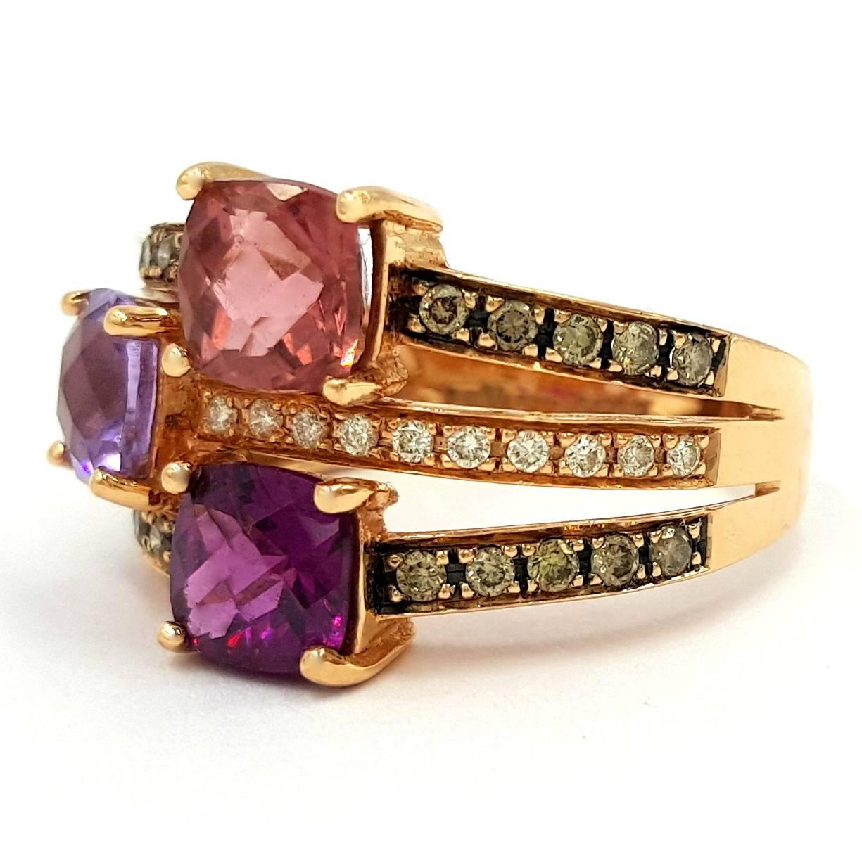 Signed LeVian 14kt Rose Gold 3.00ctw Amethyst .75 Carat of Diamond Cocktail Ring In Excellent Condition For Sale In Scottsdale, AZ