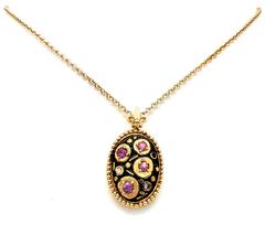 Gold Pink Sapphire Diamond  Black Enamel Pendant Necklace