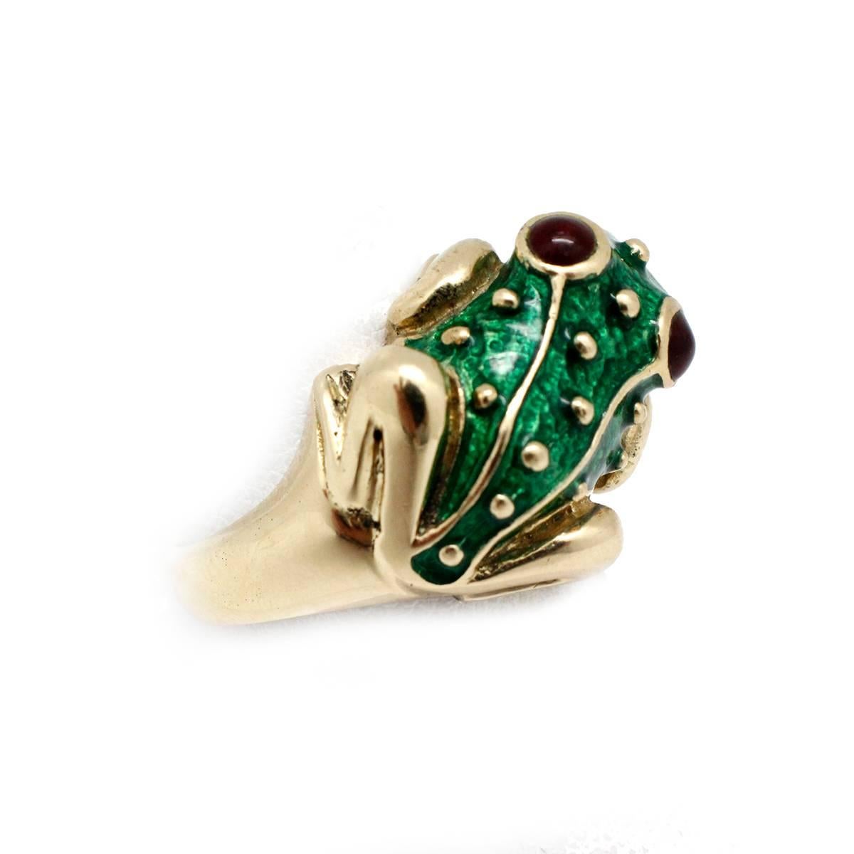 Signed Hidalgo 18kt Gold Perfect Green Enamel Work & Ruby Eyes Huge Frog Ring! In Excellent Condition In Scottsdale, AZ