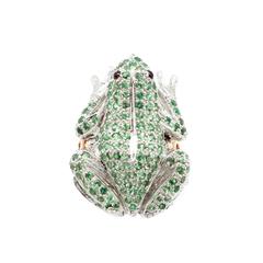 Silver on Rose Gold Tsavorite with Ruby Eyes Signed "Luise Gioielli" Frog Ring