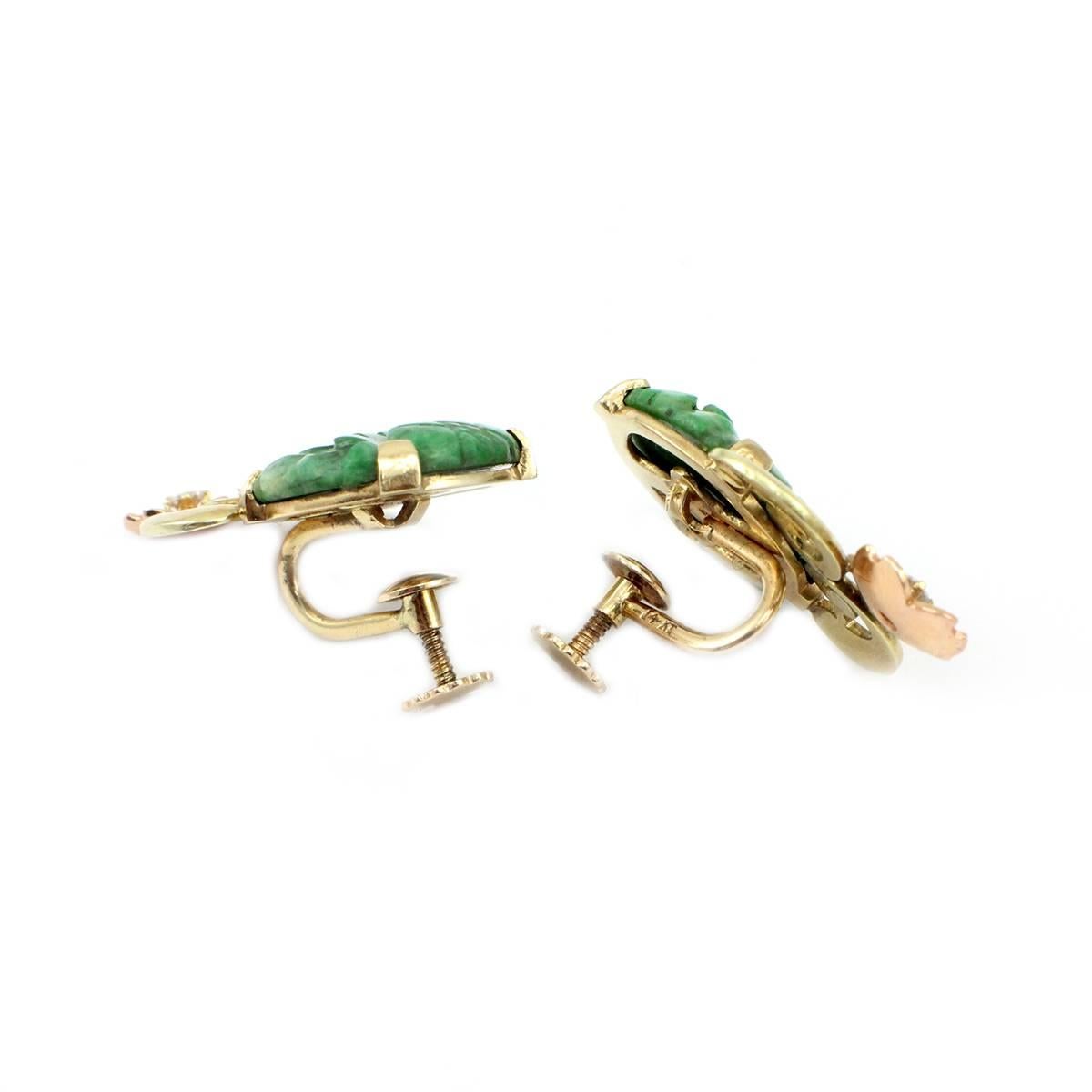 Women's Vintage Signed Tiffany & Co. Rare Retro Hand Carved Jade Diamond Gold Earrings  For Sale