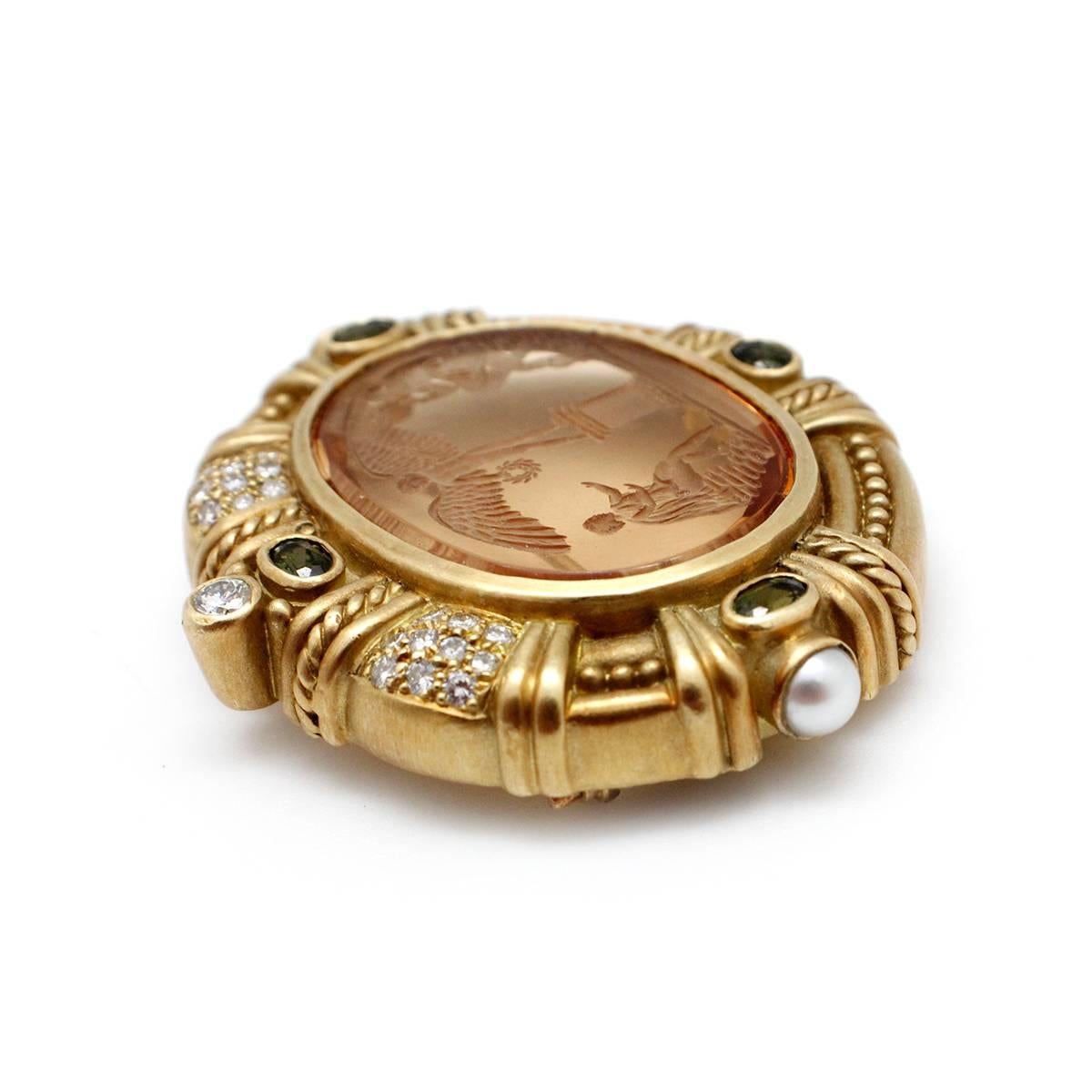 Women's Judith Ripka Pearl Citrine Peridot Diamond Gold Grecian Pin Brooch For Sale