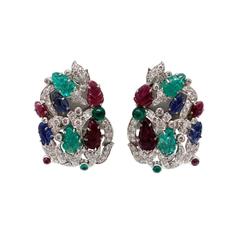 Carved Tutti Frutti Motif Sapphire, Ruby, Emerald, & Diamond Earrings