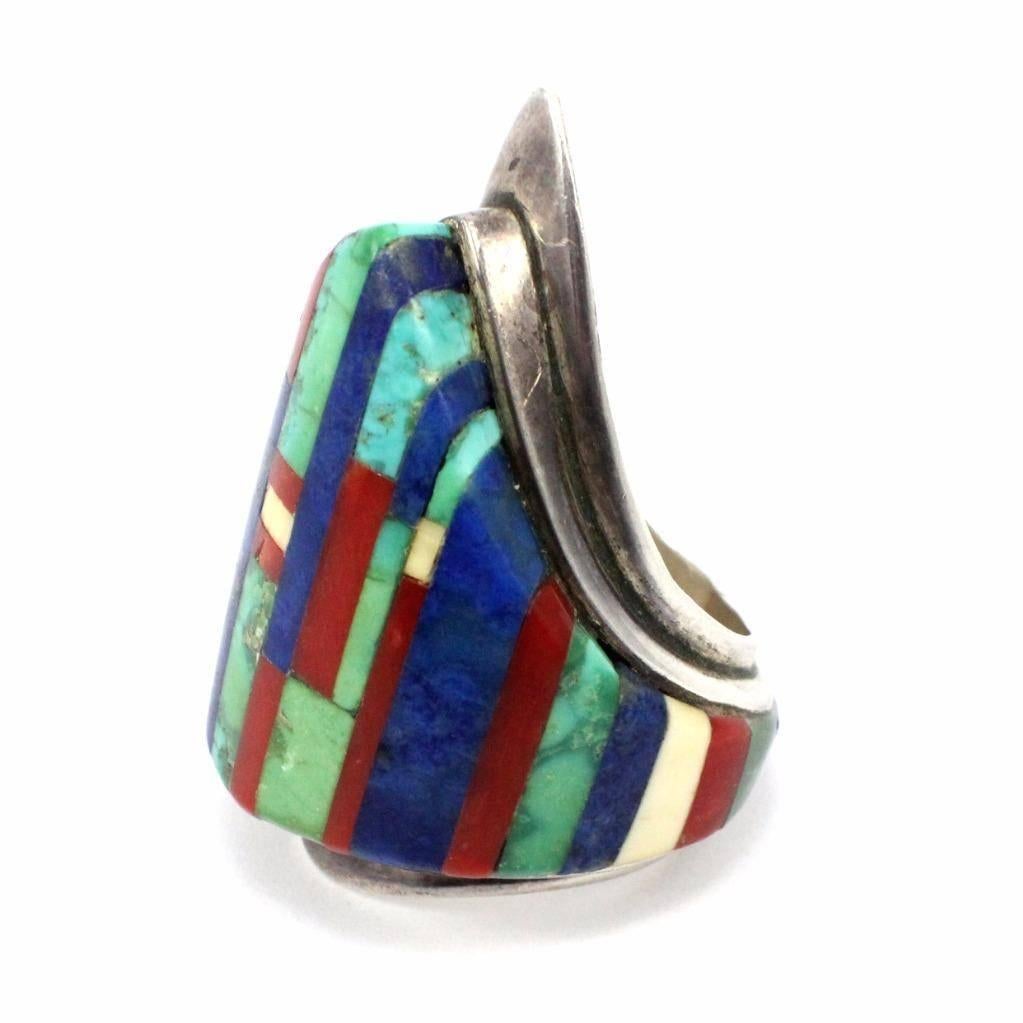 Native American Charles Loloma Turquoise Lapis Inlay Sterling Silver Hopi Shield Ring For Sale