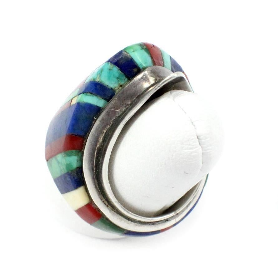 Charles Loloma Turquoise Lapis Inlay Sterling Silver Hopi Shield Ring In Excellent Condition For Sale In Scottsdale, AZ