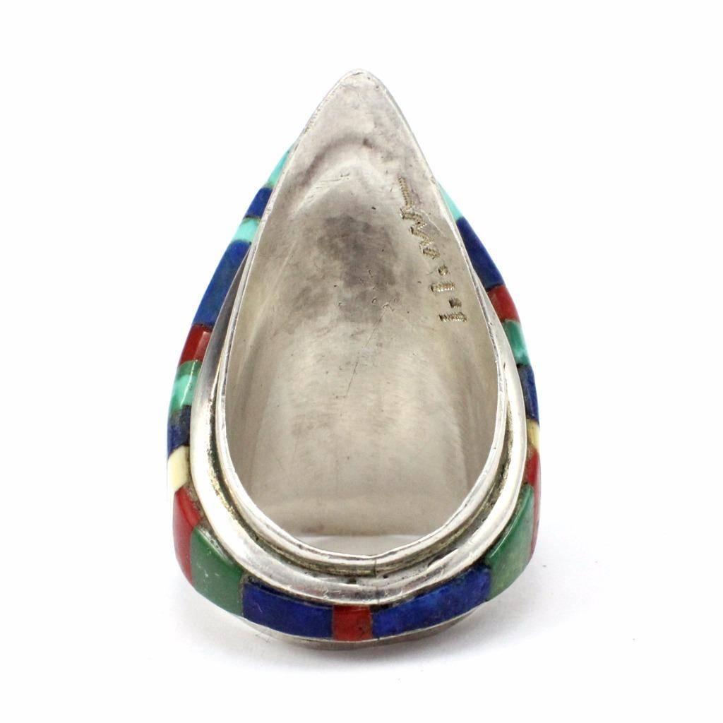Women's or Men's Charles Loloma Turquoise Lapis Inlay Sterling Silver Hopi Shield Ring For Sale