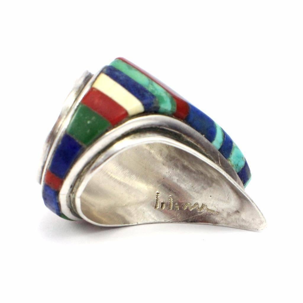 Charles Loloma Turquoise Lapis Inlay Sterling Silver Hopi Shield Ring For Sale 1