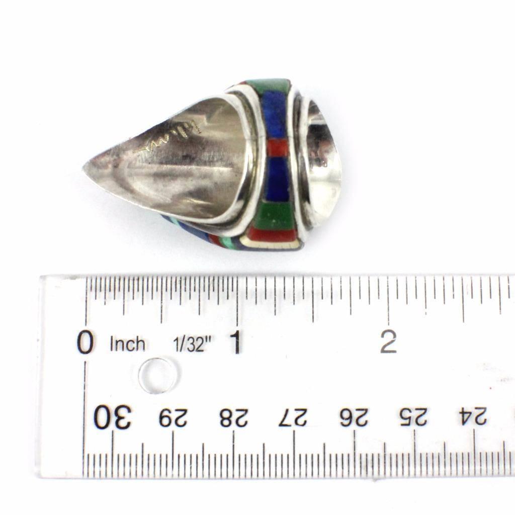 Charles Loloma Turquoise Lapis Inlay Sterling Silver Hopi Shield Ring For Sale 2