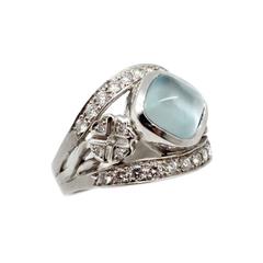 Unique Cabochon Aquamarine and Diamond Clovers in 18kt White Gold Cocktail Ring