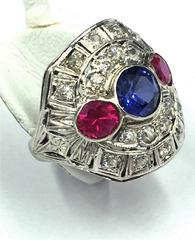 Magnificent Art Deco Ruby, Sapphire, & Diamond on White Gold Filigree Ring