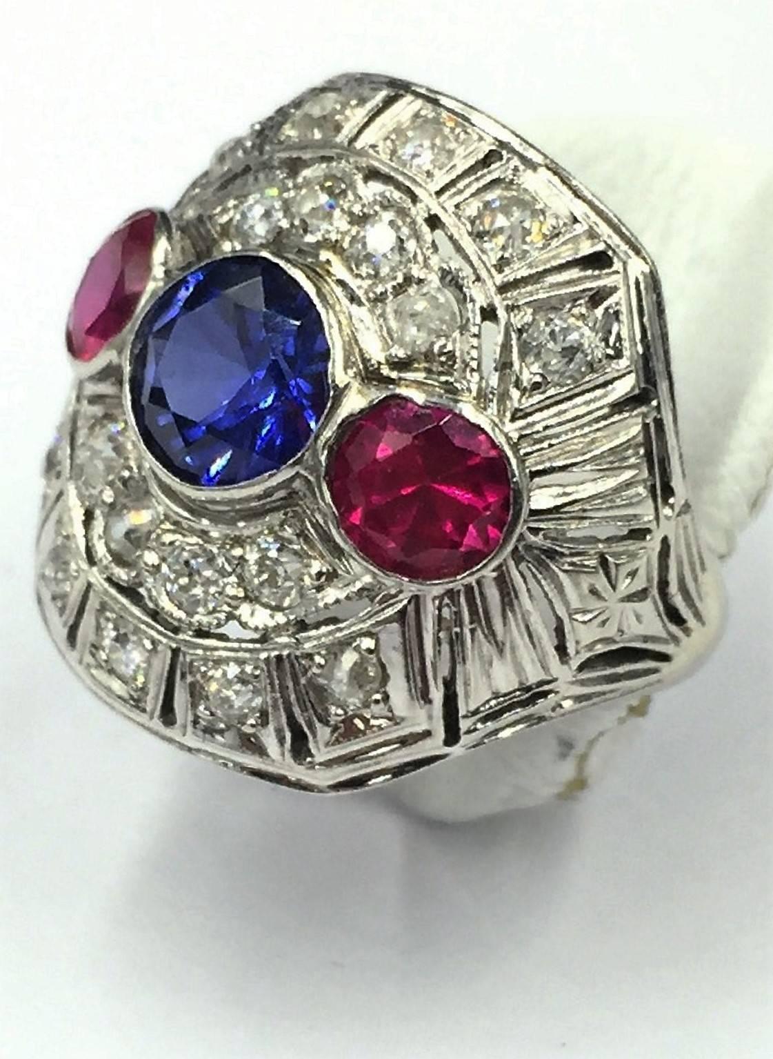 Magnificent Art Deco Ruby, Sapphire, & Diamond on White Gold Filigree Ring In Excellent Condition For Sale In Scottsdale, AZ
