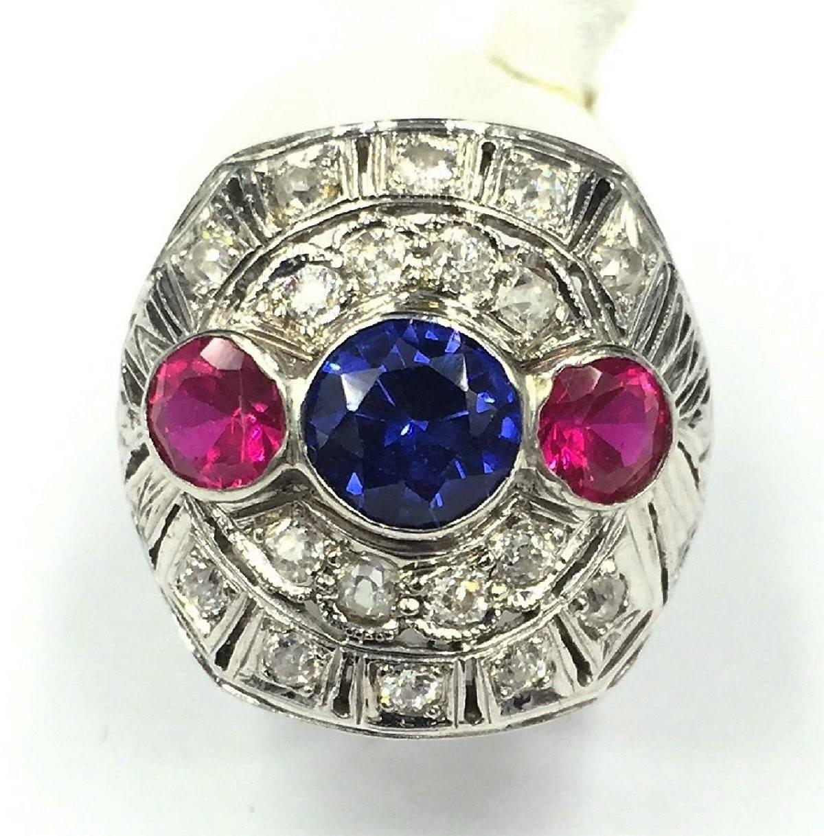 Women's Magnificent Art Deco Ruby, Sapphire, & Diamond on White Gold Filigree Ring For Sale