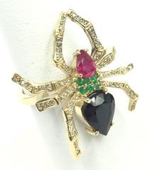Sensational Ruby Emerald Sapphire Pave Diamond Gold Life Size Spider Ring