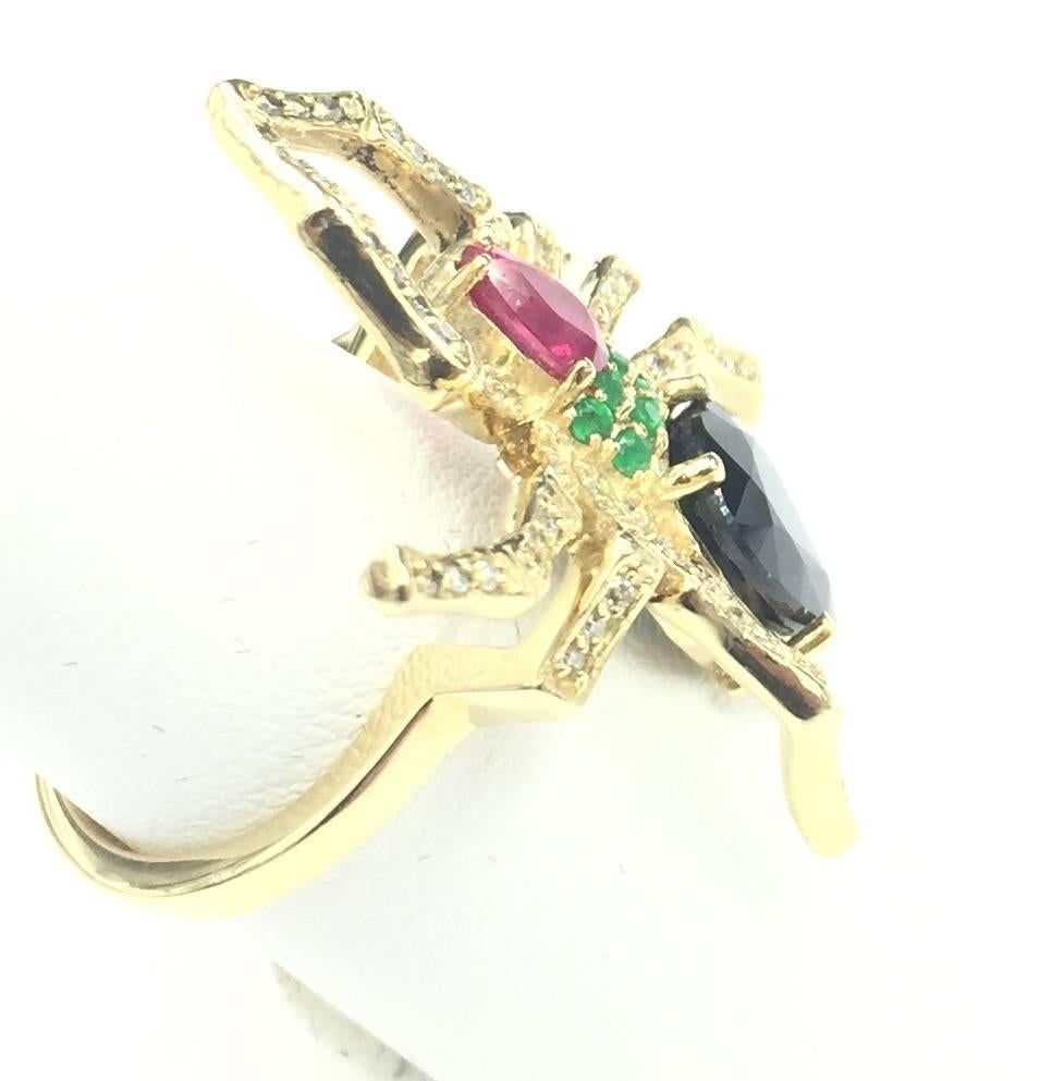 Contemporary Sensational Ruby Emerald Sapphire Pave Diamond Gold Life Size Spider Ring For Sale