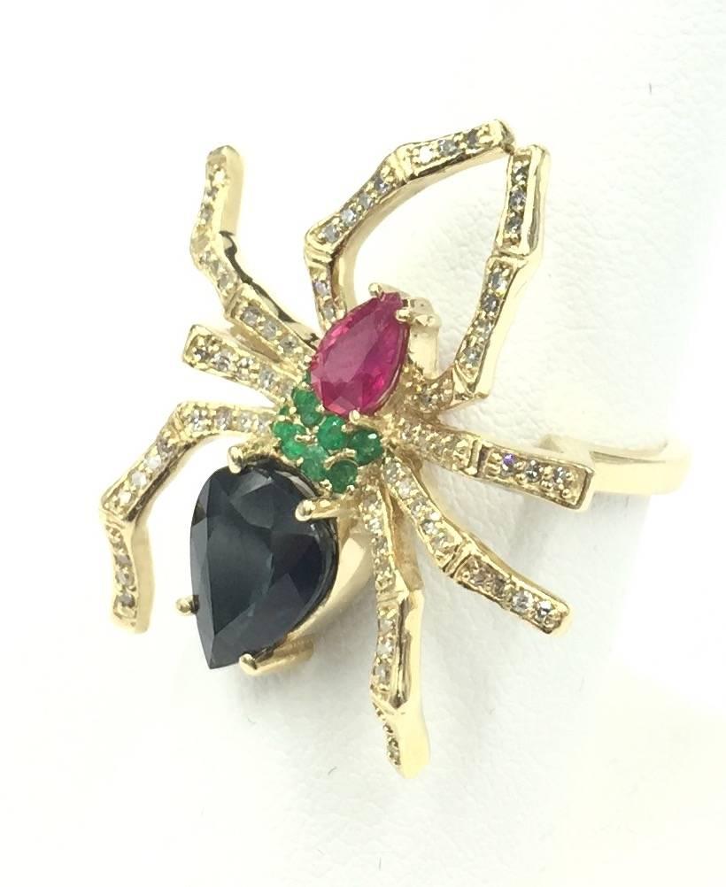 Sensational Ruby Emerald Sapphire Pave Diamond Gold Life Size Spider Ring In Excellent Condition For Sale In Scottsdale, AZ