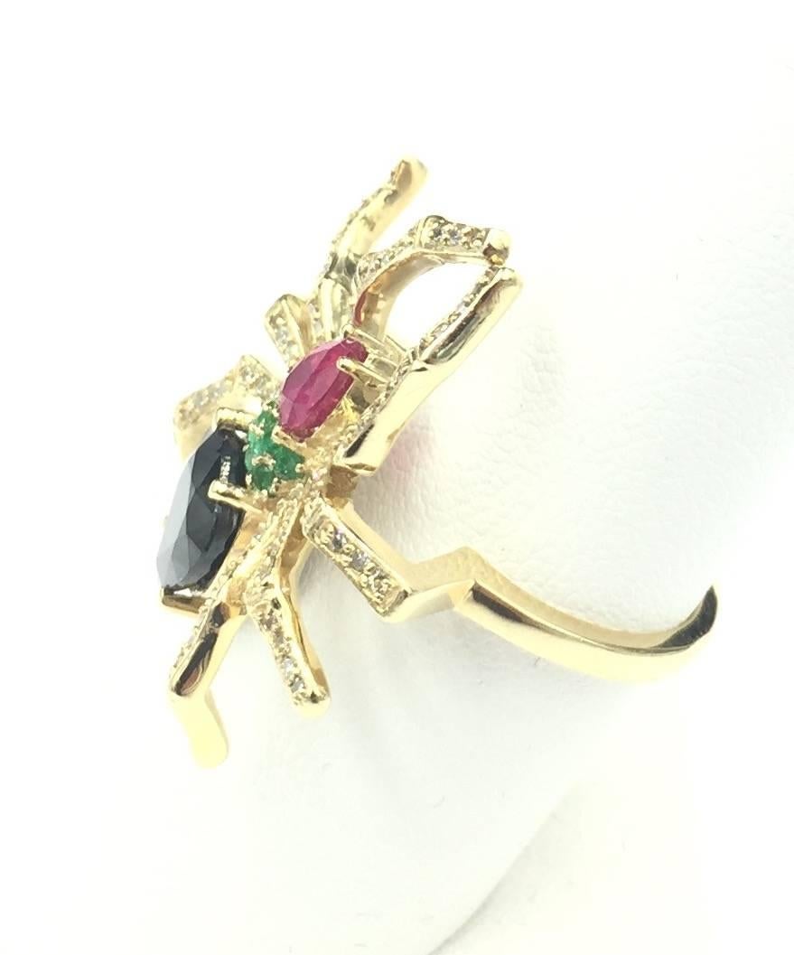 Women's or Men's Sensational Ruby Emerald Sapphire Pave Diamond Gold Life Size Spider Ring For Sale