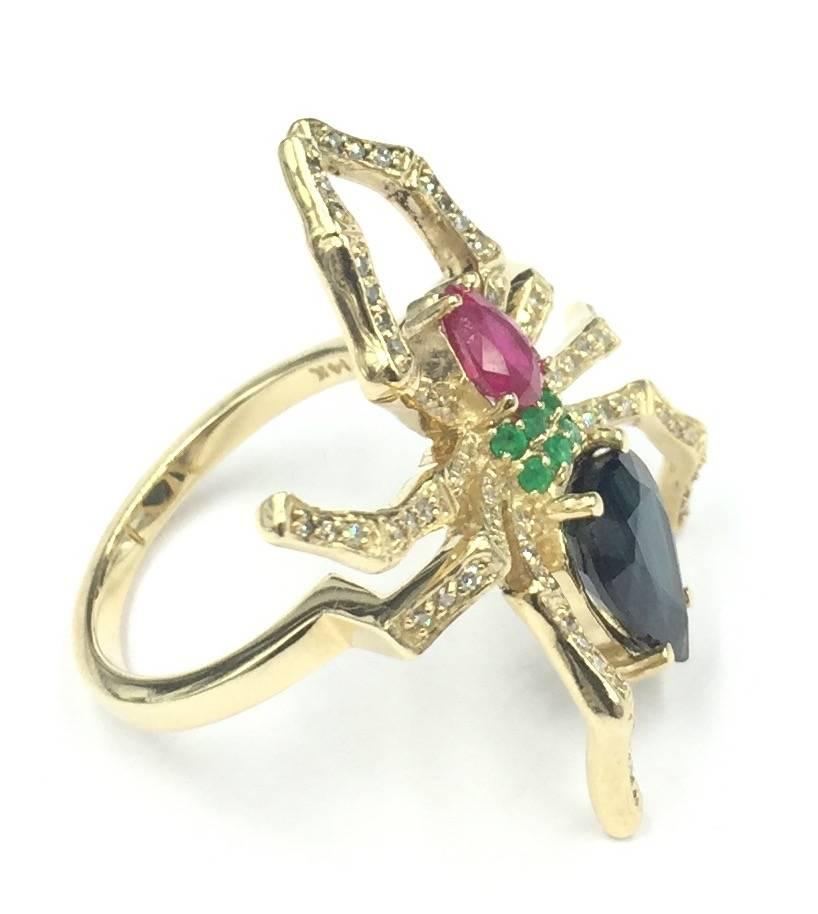 Sensational Ruby Emerald Sapphire Pave Diamond Gold Life Size Spider Ring For Sale 1