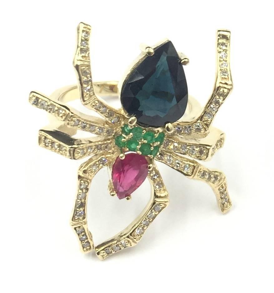 Sensational Ruby Emerald Sapphire Pave Diamond Gold Life Size Spider Ring For Sale 3