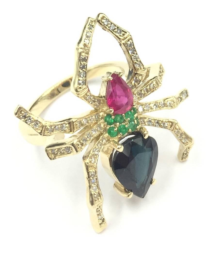 Sensational Ruby Emerald Sapphire Pave Diamond Gold Life Size Spider Ring For Sale 4