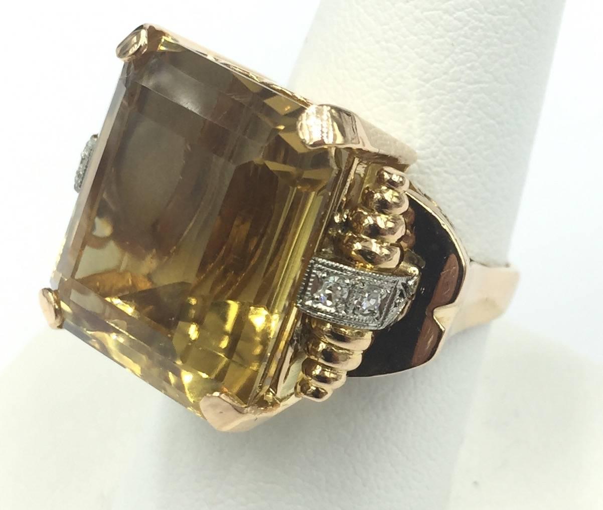 1940s Impressive Retro Rose Gold Citrine and Diamond Ring For Sale 1