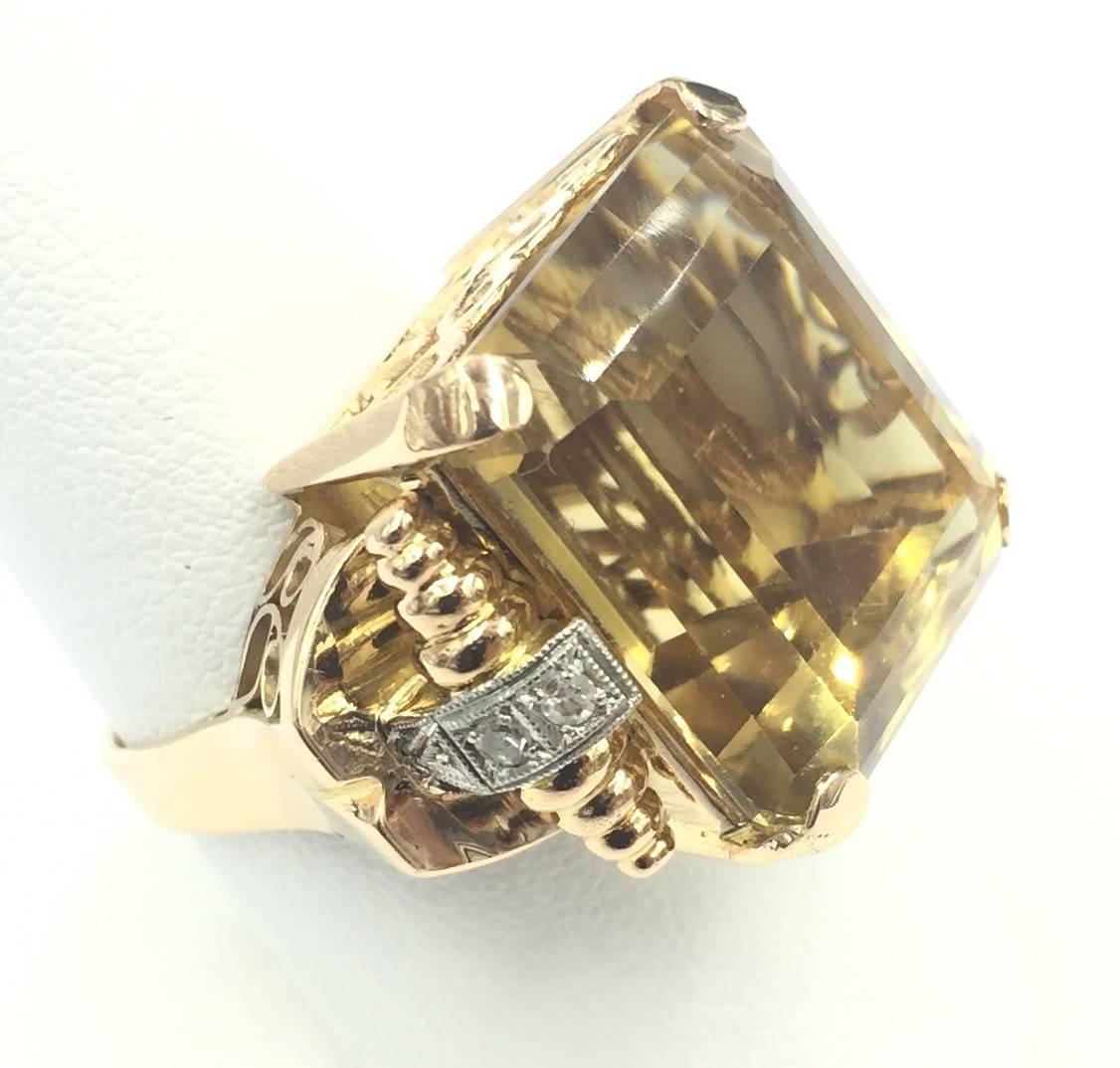 Women's 1940s Impressive Retro Rose Gold Citrine and Diamond Ring For Sale