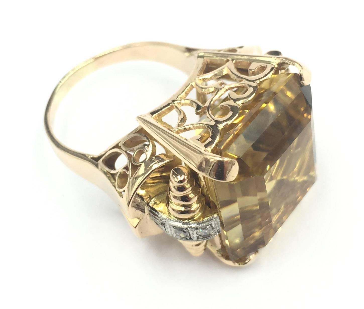 1940s Impressive Retro Rose Gold Citrine and Diamond Ring In Excellent Condition For Sale In Scottsdale, AZ