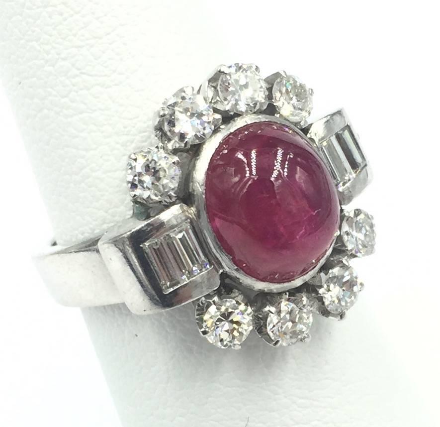 Women's  Art Deco 4 Carat Ruby Cabochon & 1.50 Carats of Diamonds in Platinum Ring For Sale