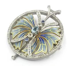 Modern  Plique-a-Jour Enamel Aquamarine Sapphire Diamond Pendant  Brooch