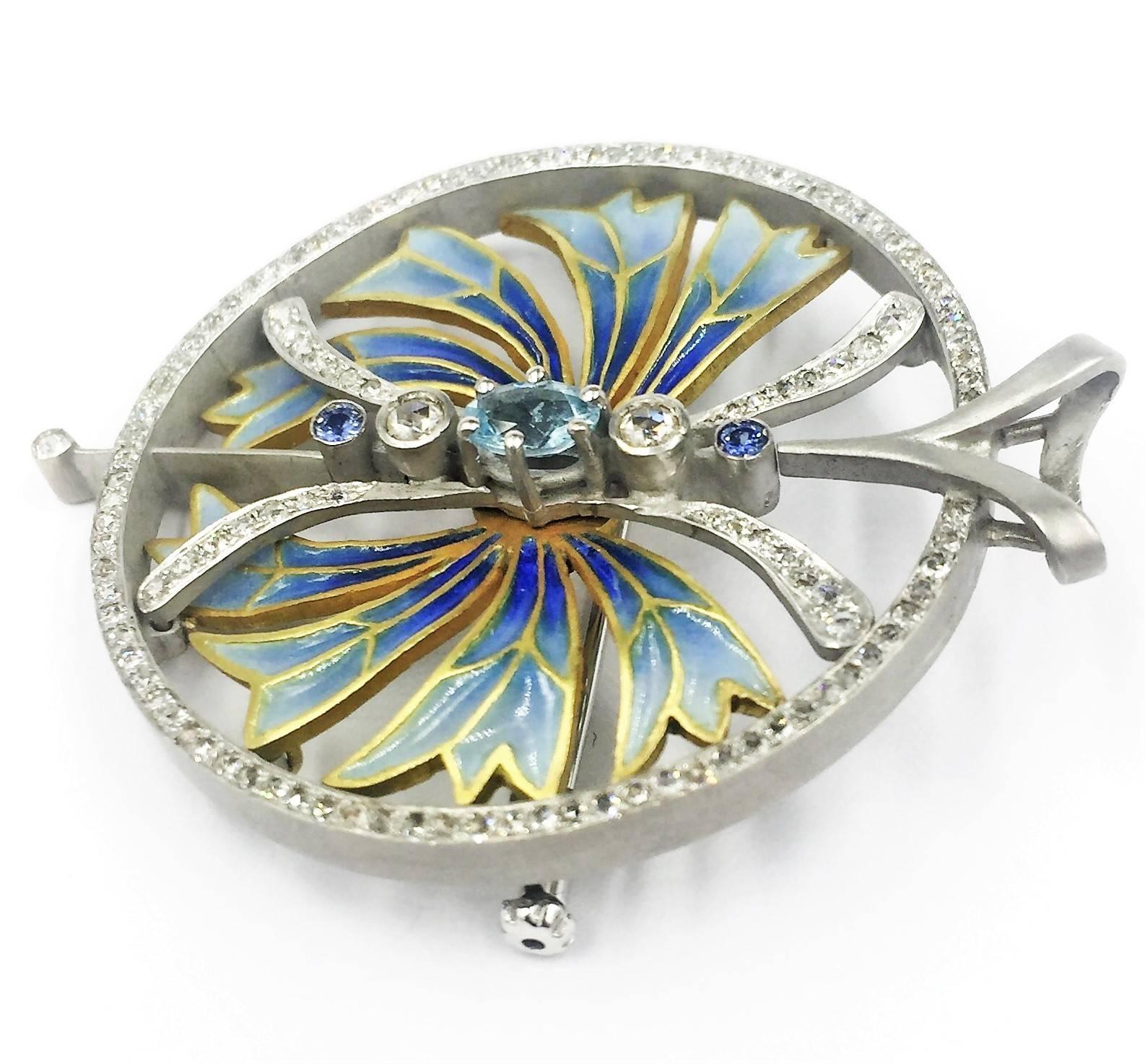 Art Nouveau Modern  Plique-a-Jour Enamel Aquamarine Sapphire Diamond Pendant  Brooch For Sale