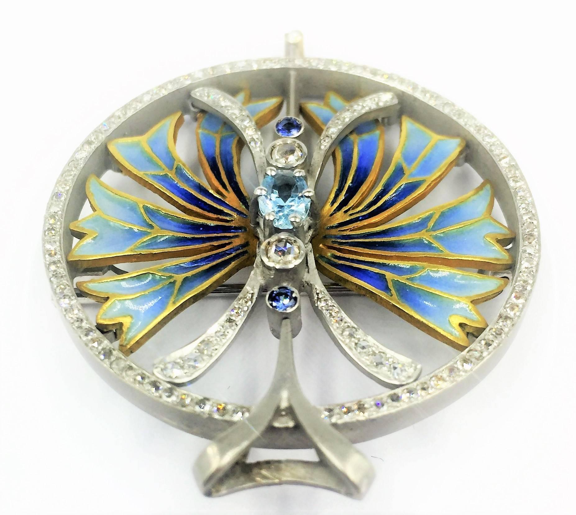 Modern  Plique-a-Jour Enamel Aquamarine Sapphire Diamond Pendant  Brooch In Excellent Condition For Sale In Scottsdale, AZ