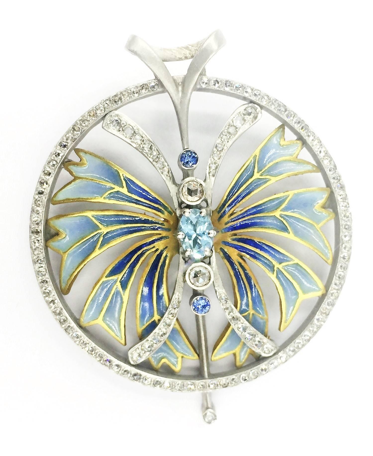 Women's Modern  Plique-a-Jour Enamel Aquamarine Sapphire Diamond Pendant  Brooch For Sale