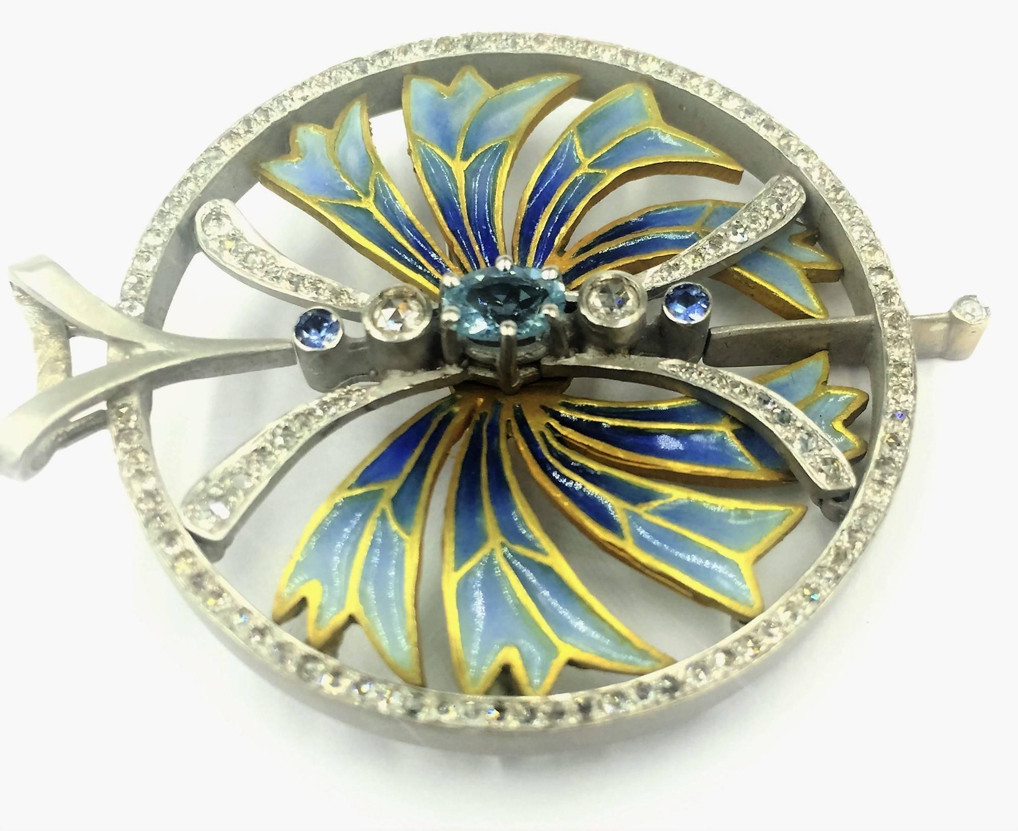 Modern  Plique-a-Jour Enamel Aquamarine Sapphire Diamond Pendant  Brooch For Sale 1