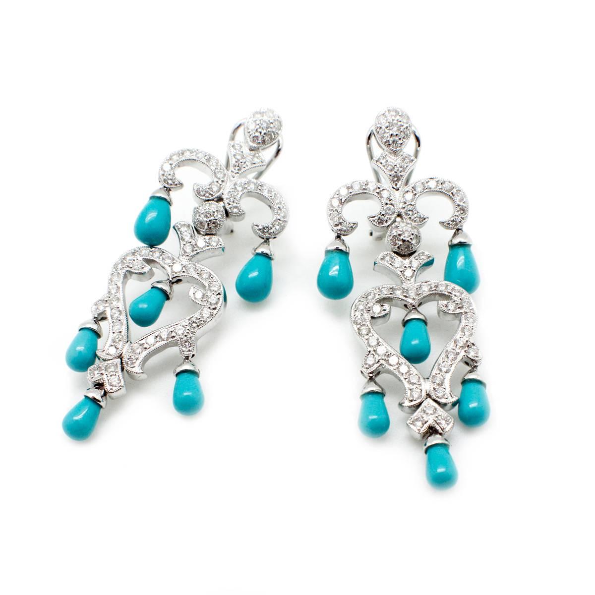 Persian Turquoise Diamond Gold Chandelier Dangle Earrings In New Condition For Sale In Scottsdale, AZ