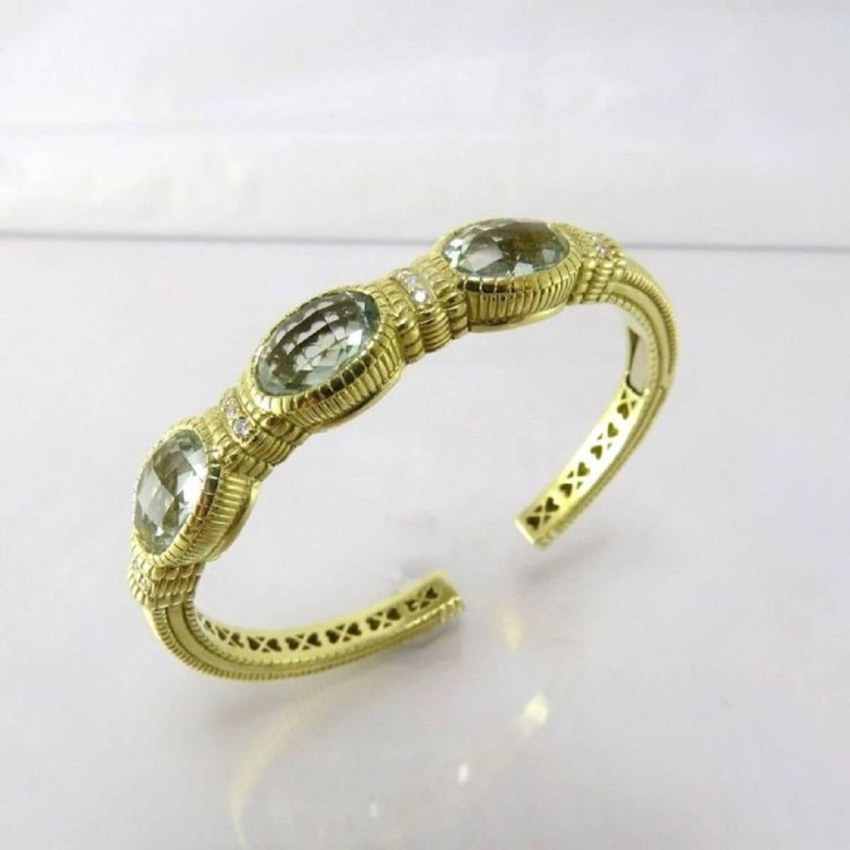 Women's Judith Ripka Classic Green Amethyst Diamond Gold Cuff Bracelet For Sale