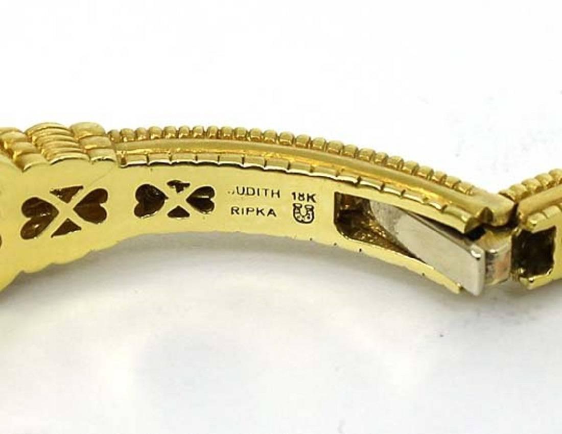 Judith Ripka Classic Green Amethyst Diamond Gold Cuff Bracelet For Sale 1