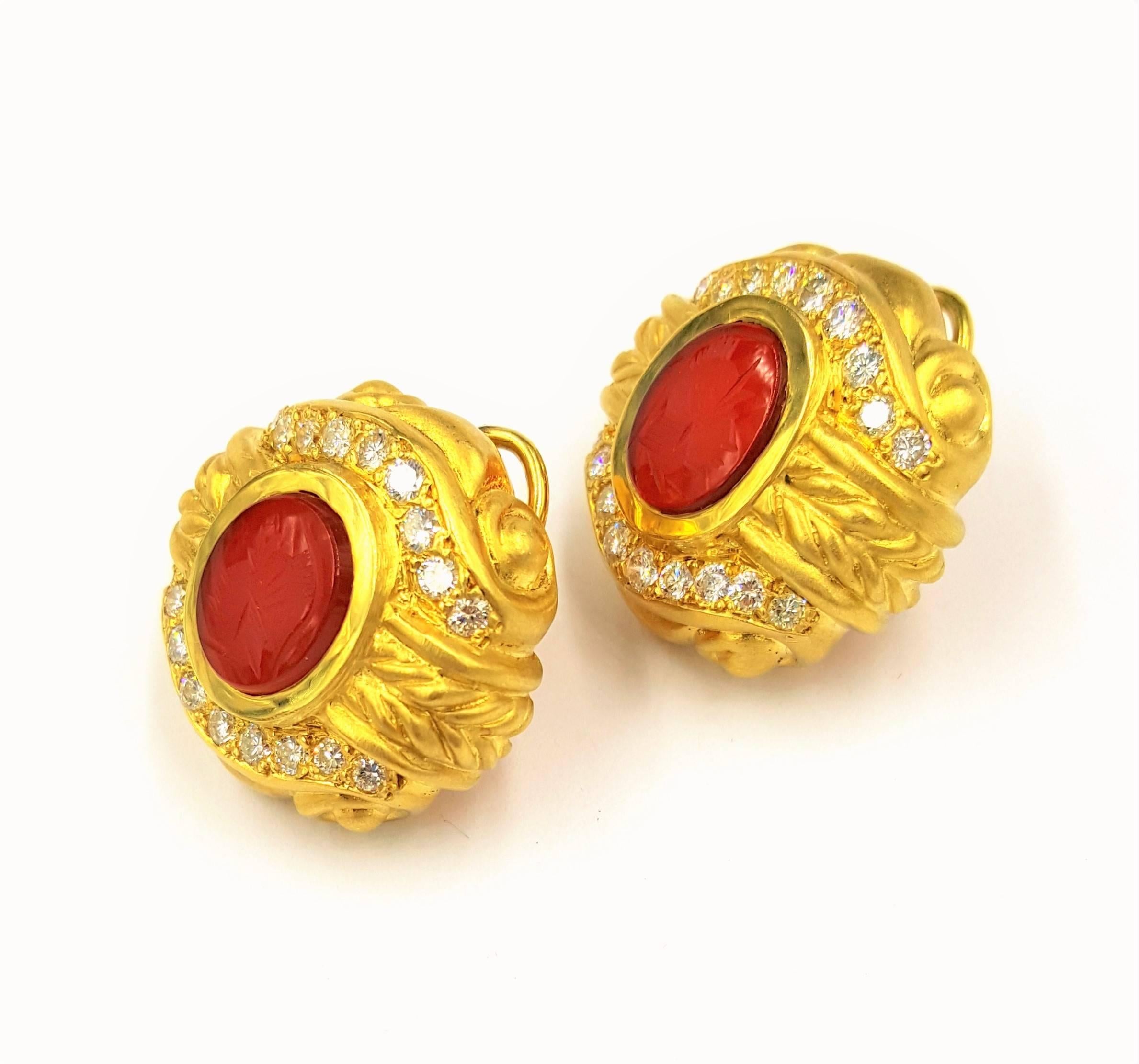 These stunning and magnificent Carnelian Intaglio Roman Cameo Clip On Earrings have posts for secured and comfortable wearing. These earrings feature 2.00 carats of VS clarity G color diamonds set in 18kt Yellow Gold and are in perfect condition