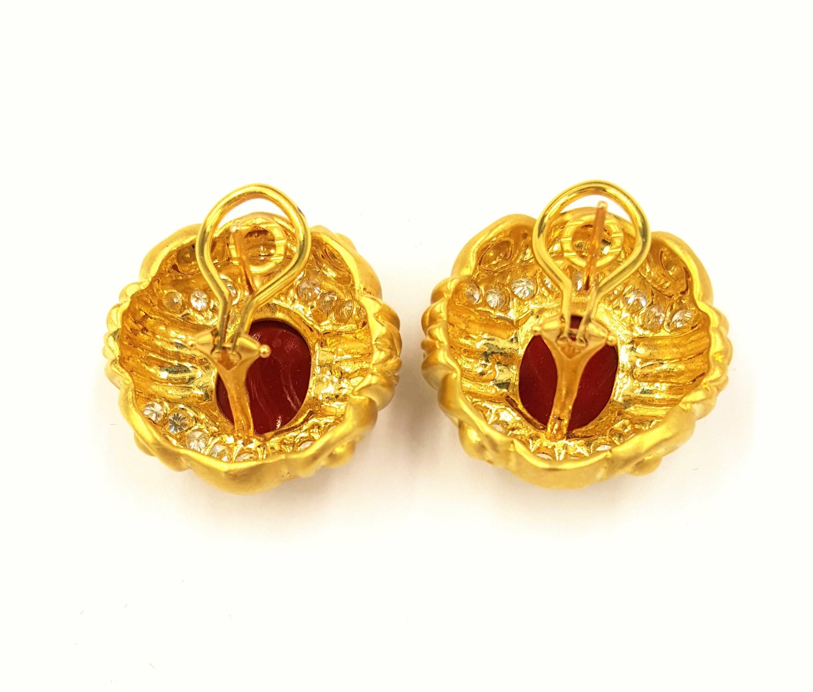 Carnelian Intaglio Diamond Gold Roman Cameo Earrings For Sale 1