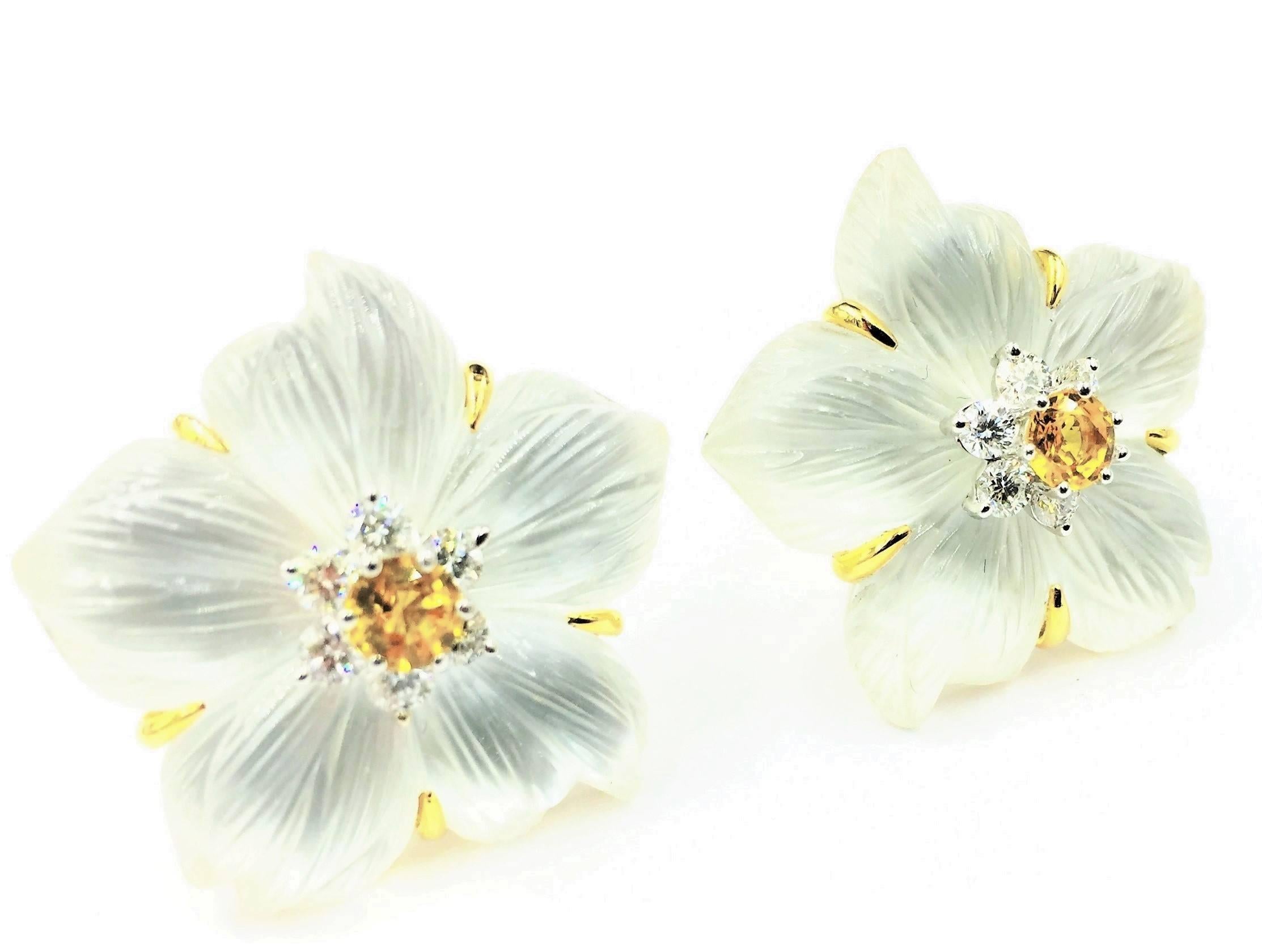 Seaman Schepps ​Rock Crystal Yellow Sapphire Gold ​Clematis Flower Earrings In Excellent Condition For Sale In Scottsdale, AZ