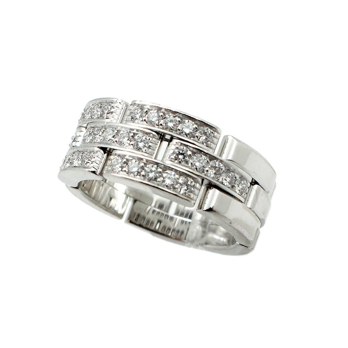 This Signed Cartier 18K White Gold and Diamond Ring from the Maillon Panthere De Cartier Collection is absolutely stunning featuring 35 round brilliant cut diamonds totaling 1 carat are F in color and VVS in Clarity. The ring measures 5/16 inch wide