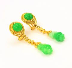 Gorgeous Jade Bezel Set Diamonds Gold Fluid Movement Earrings